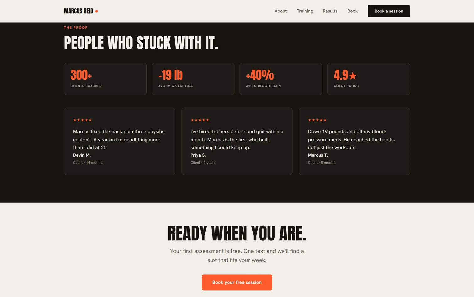 The client results section on a live coaching studio site