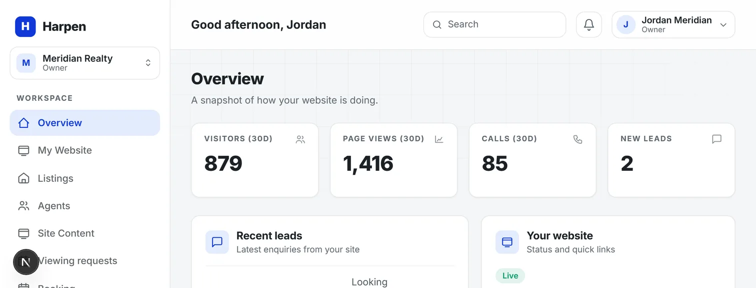 The Harpen Tech client dashboard, overview page
