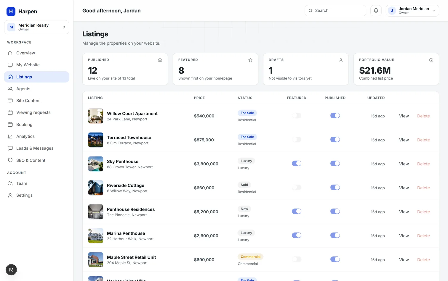 The listings manager in the Harpen Tech dashboard