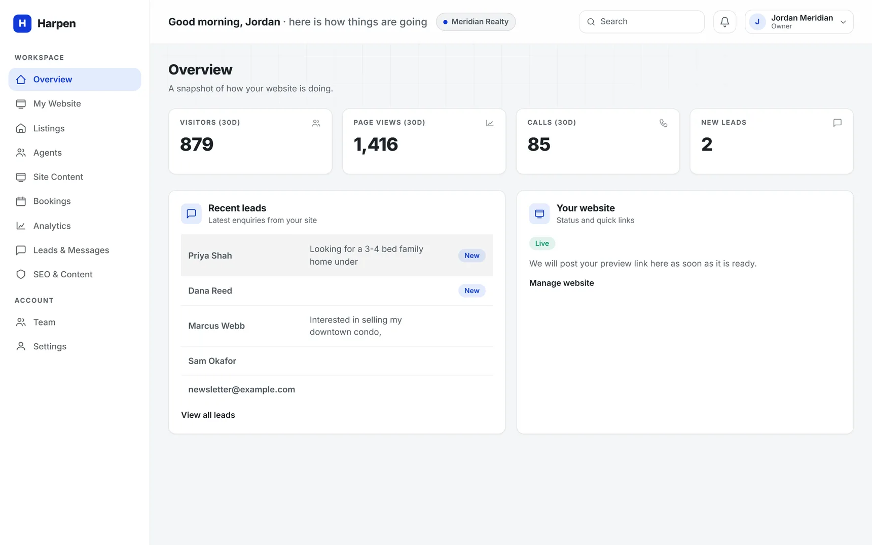 The HarpenTech client dashboard, overview page