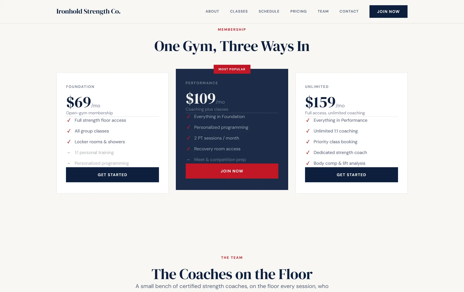 The membership pricing section on a live gym site