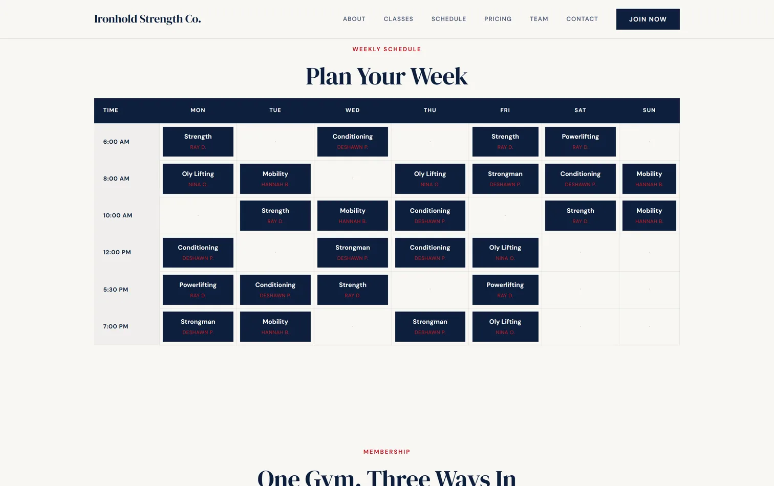The weekly timetable on a live gym site