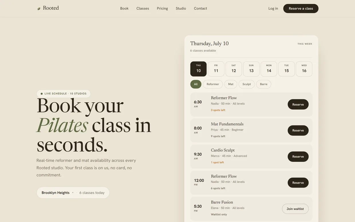 Rooted, a live pilates demo site