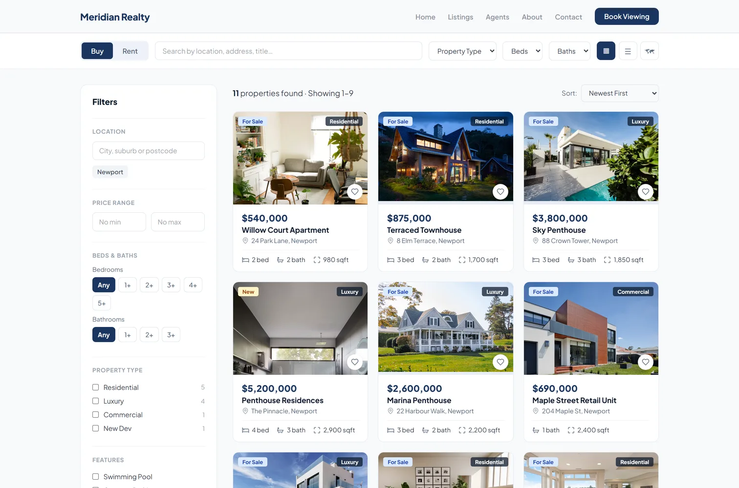 The listings search page on a live real estate site