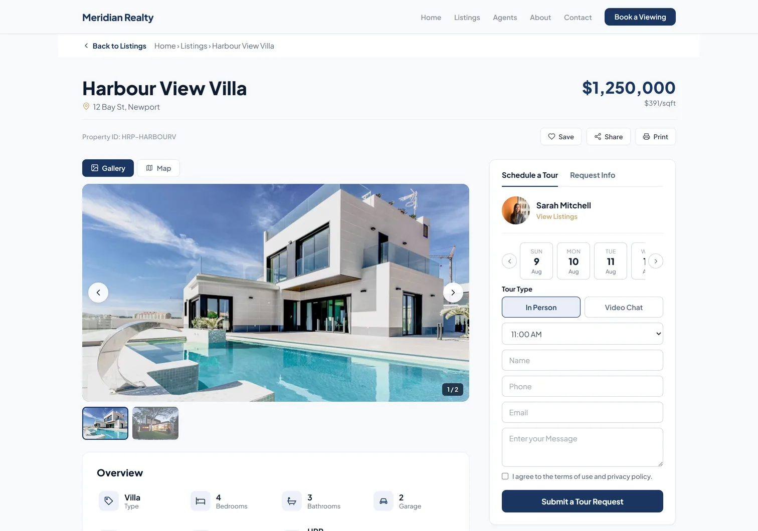 A property page with its schedule a tour panel