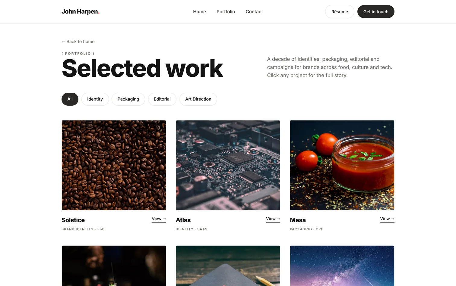 The selected work page on a live design studio site