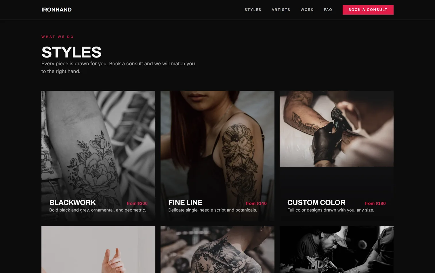 The styles section on a live tattoo studio site