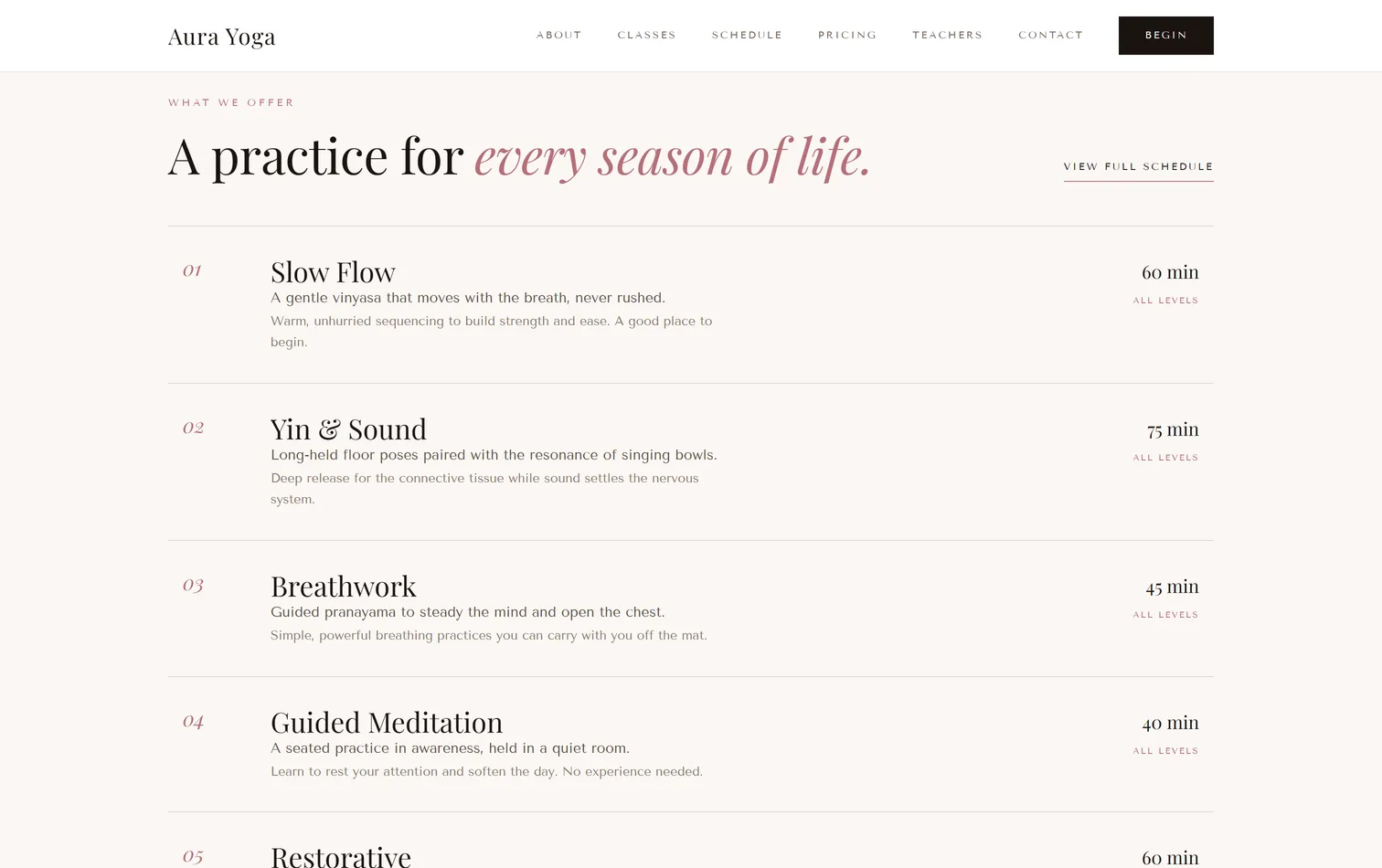 The class descriptions on a live yoga studio site