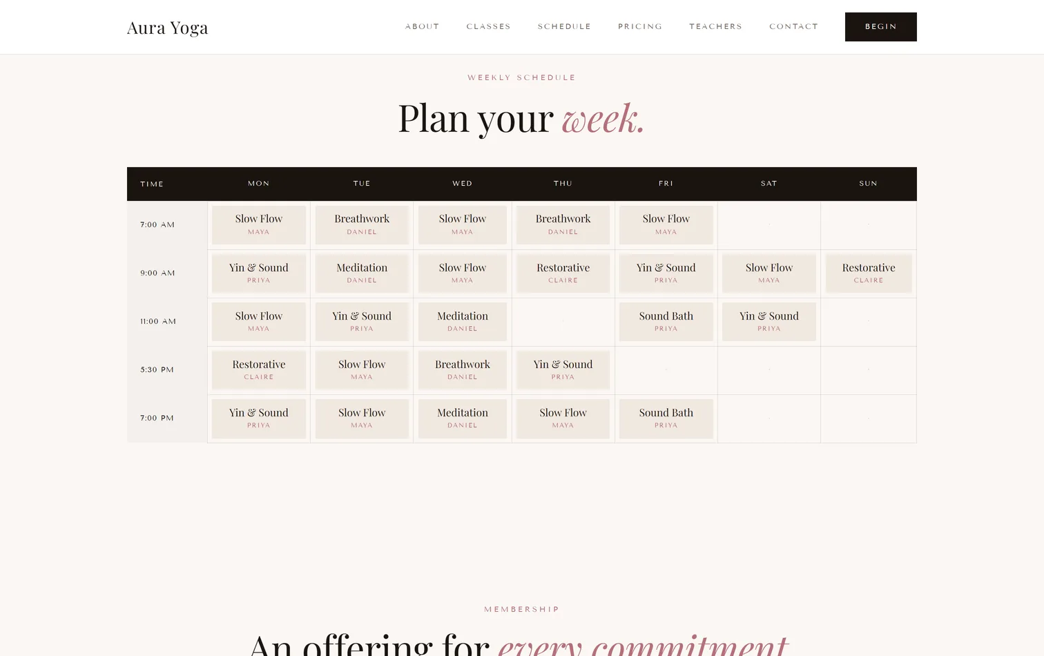 The weekly schedule on a live yoga studio site